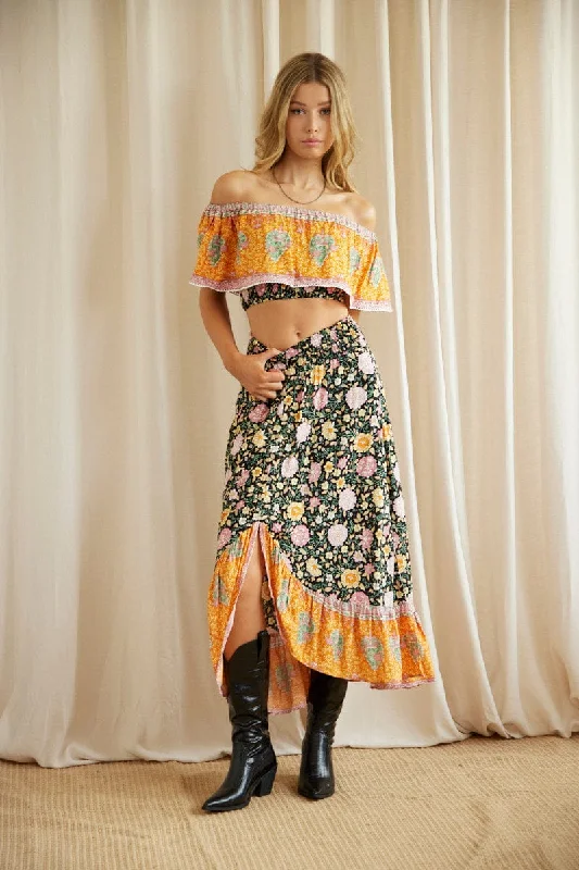 Boho Print Off Shoulder Shirred Waist Bardot Top