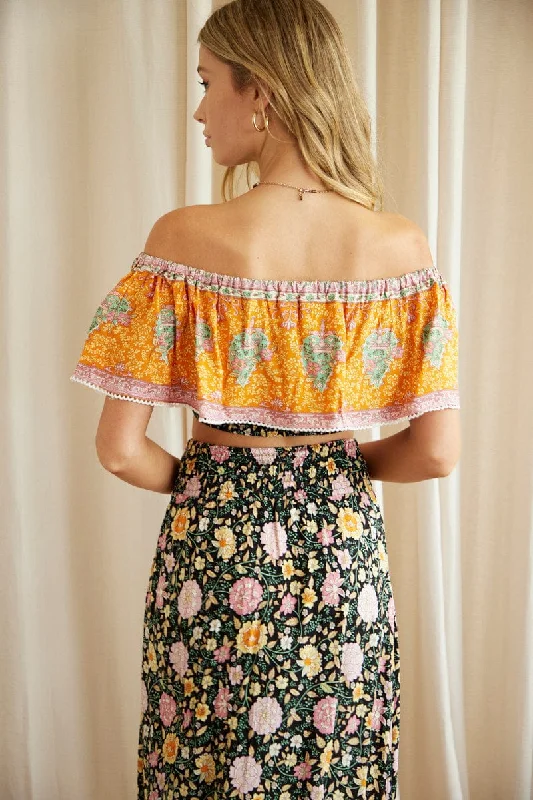 Boho Print Off Shoulder Shirred Waist Bardot Top