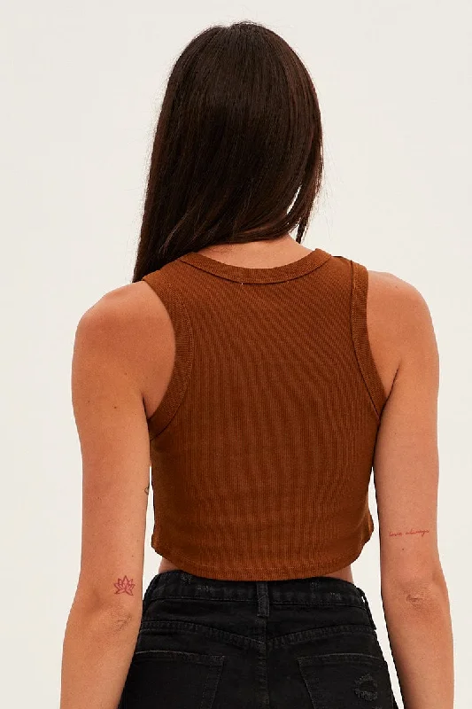 Brown Tank Top Sleeveless Crew Neck