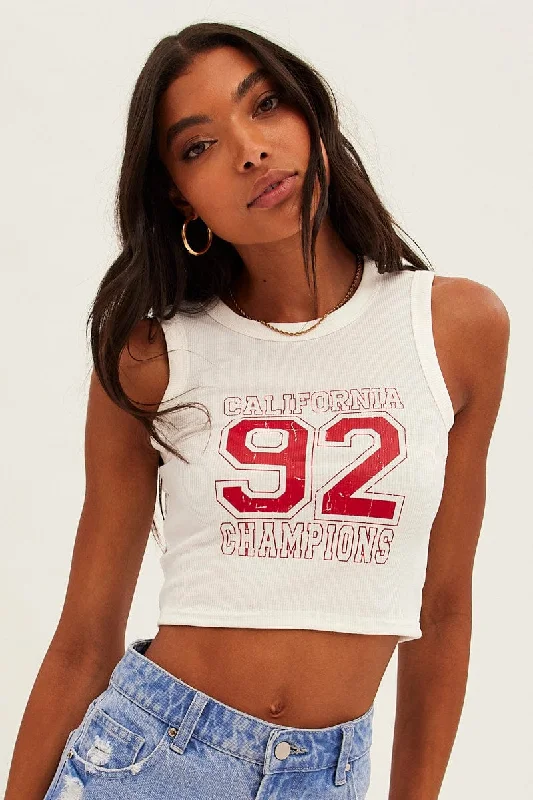 White Graphic Tank Los Angeles Sleeveless Crop