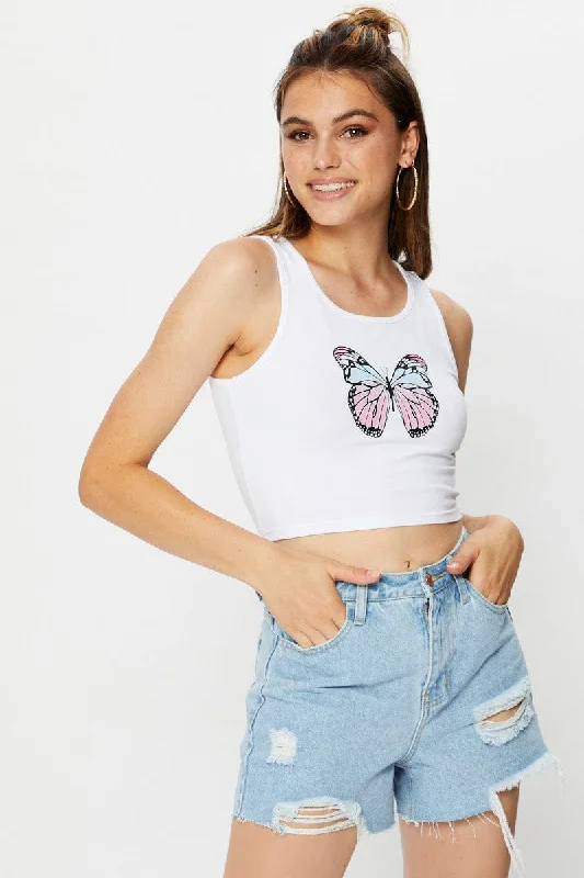 White Jersey Butterfly Graphic Print Tank Top