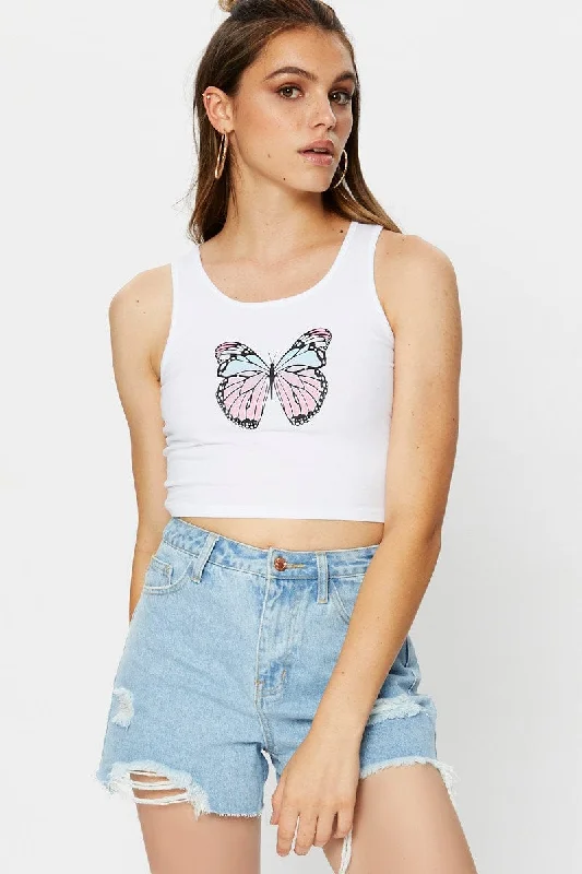 White Jersey Butterfly Graphic Print Tank Top