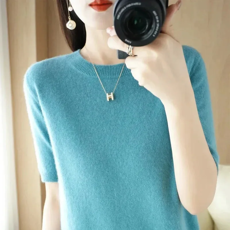 Womens Sweater Short Sleeve O-neck Slim Fit Knitted Pullovers Bottoming Casual K