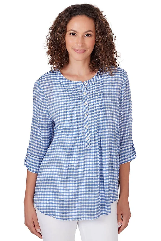 Petite Blue Moon Gingham Pleated Blouse