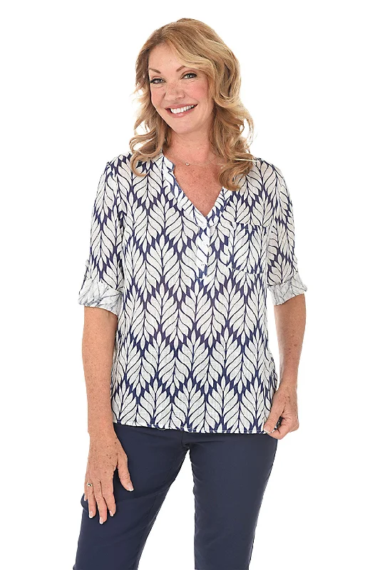 Marine Leaves Roll-Sleeve Gauze Blouse