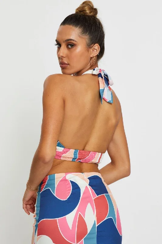 Abstract Print Crop Top Sleeveless Halter