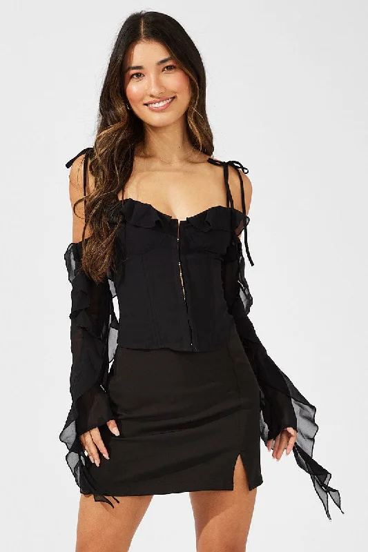 Black Corset Top Off The Shoulder Ruffle Sleeves