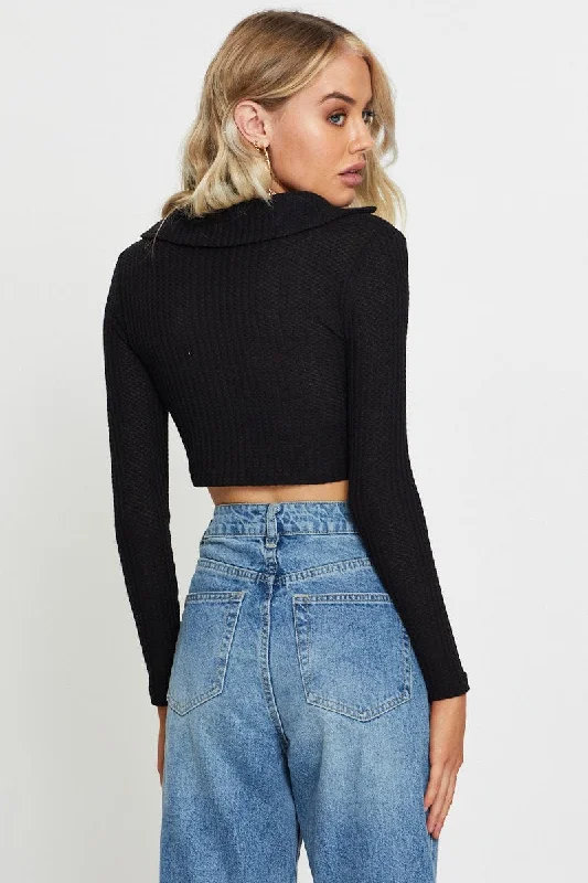 Black Crop Top Long Sleeve Collared