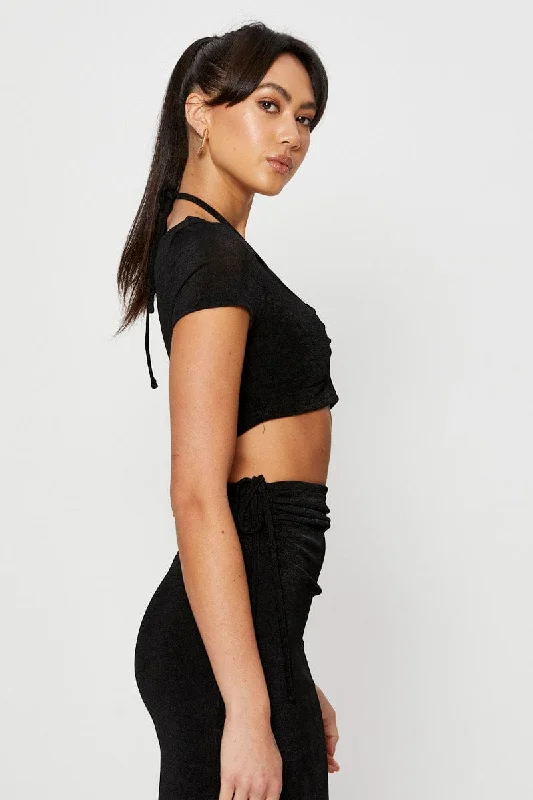 Black Crop Top Short Sleeve Halter