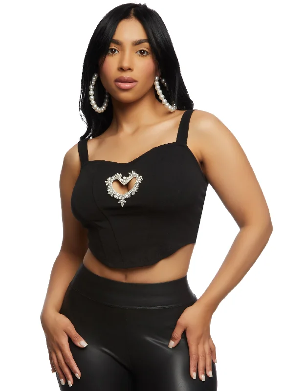 Rhinestone Heart Cut Out Corset Crop Top