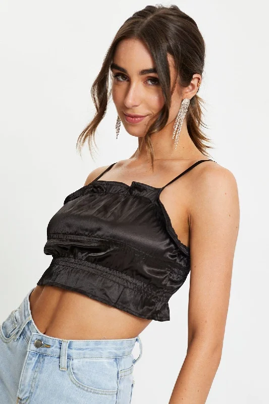 Black Satin Ruched Crop Top