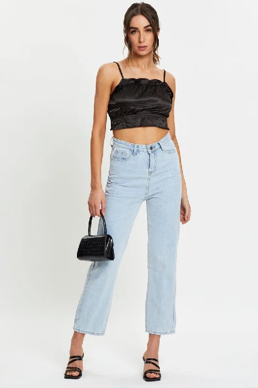 Black Satin Ruched Crop Top