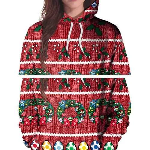 Plus Size Casual Women Red Hooded Christmas Sweatshirts