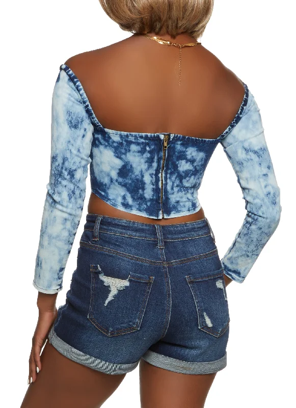 Acid Wash Long Sleeve Bustier Denim Top