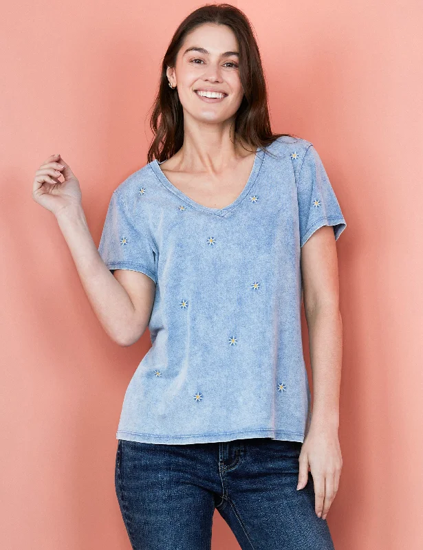 Denim Daisy V Neck Tee