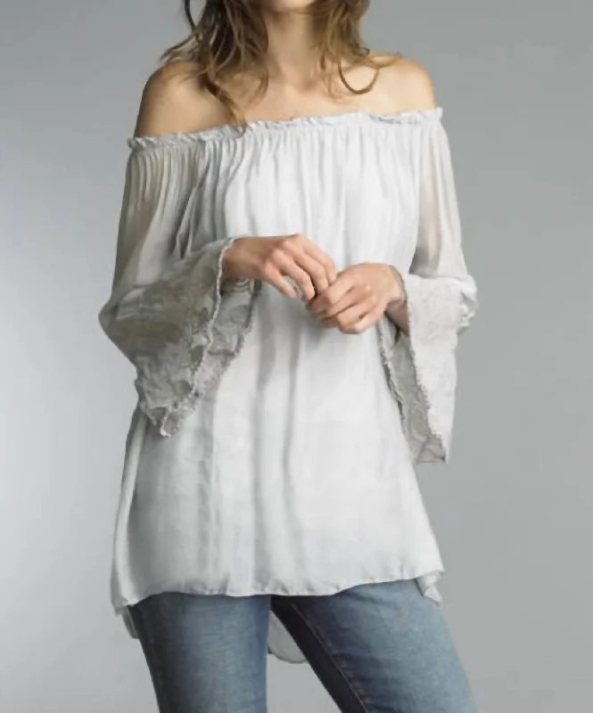 Denim Embroidered Tunic In Grey