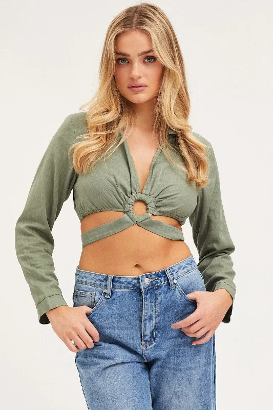 Green Bell Sleeve Top Long Sleeve Crop