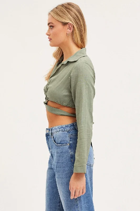 Green Bell Sleeve Top Long Sleeve Crop