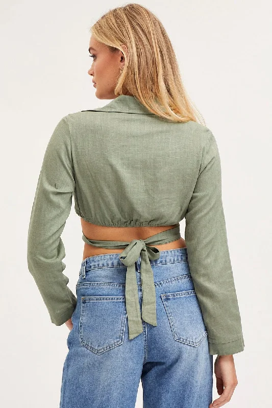 Green Bell Sleeve Top Long Sleeve Crop