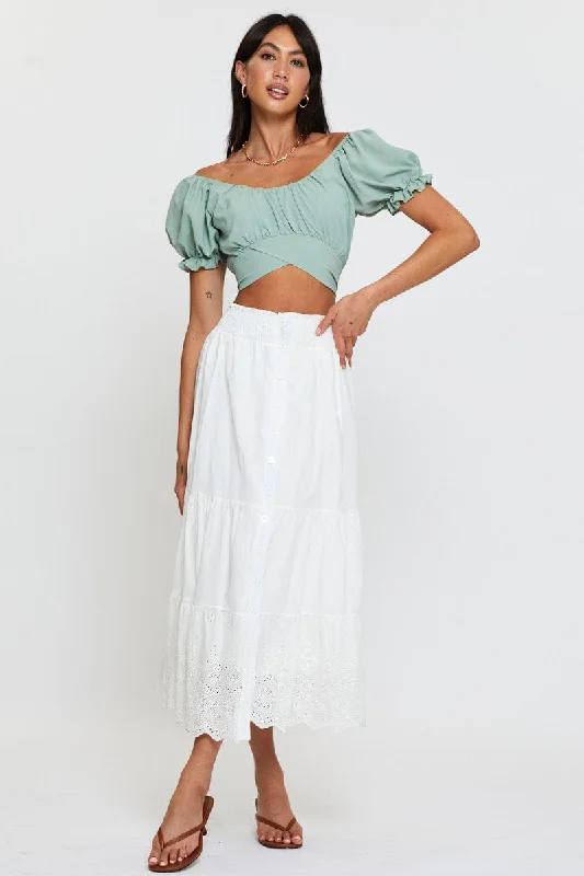 Green Crop Top Short Sleeve Off Shoulder