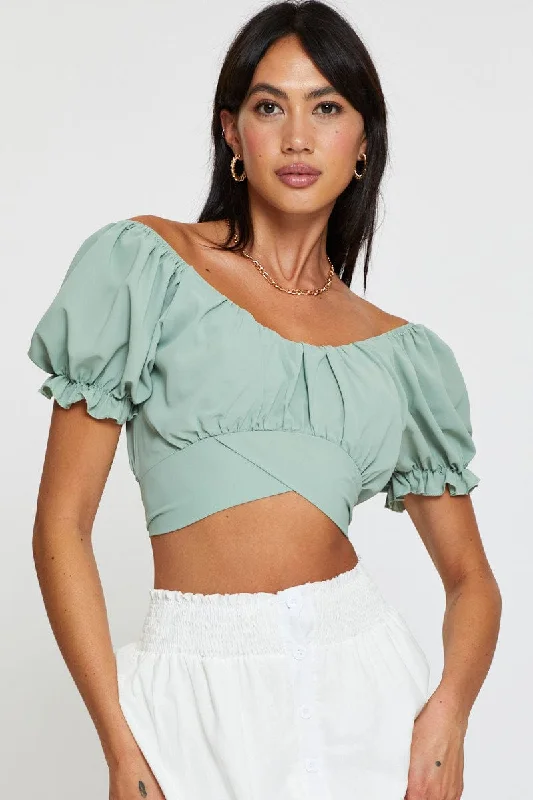 Green Crop Top Short Sleeve Off Shoulder