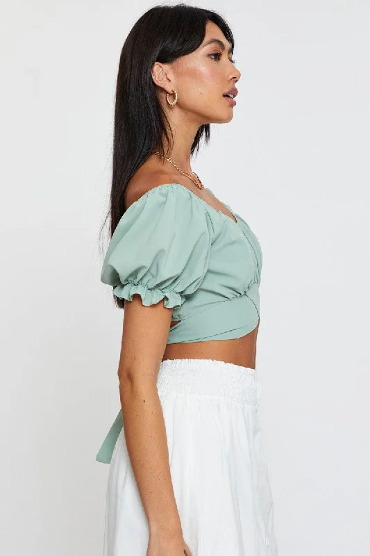 Green Crop Top Short Sleeve Off Shoulder