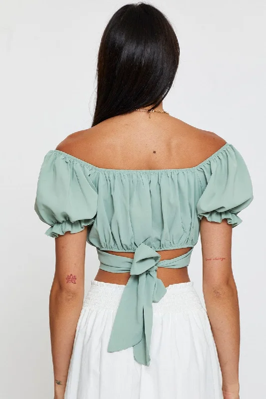 Green Crop Top Short Sleeve Off Shoulder