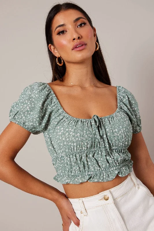 Green Ditsy Crop Top Short Sleeve