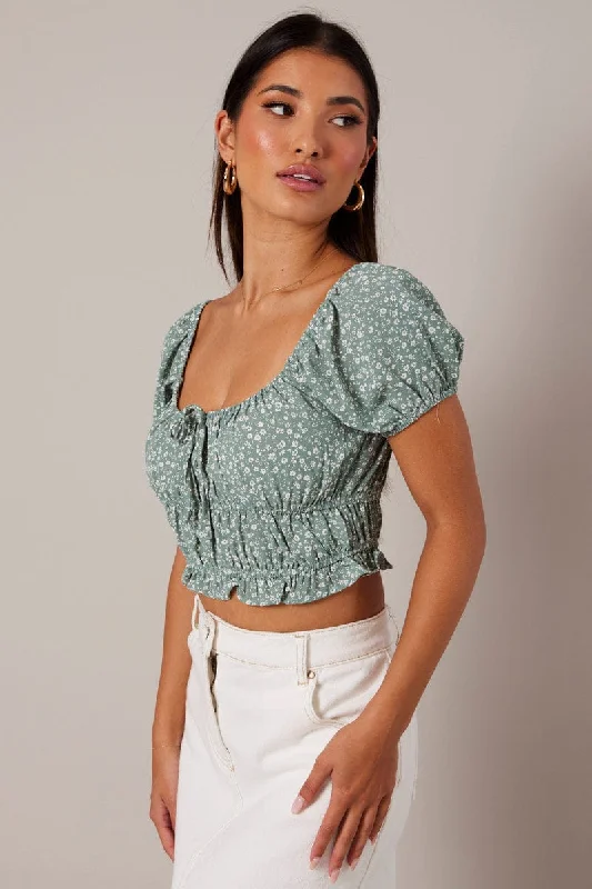 Green Ditsy Crop Top Short Sleeve