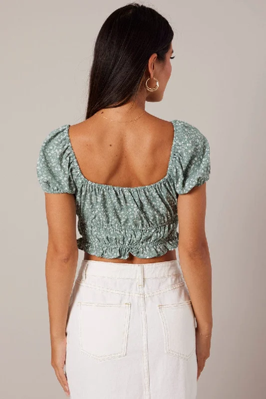 Green Ditsy Crop Top Short Sleeve