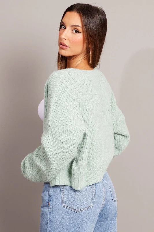 Green Knit Cardigan Long Sleeve V Neck Button Up