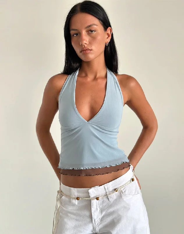 Kubra Halter Top in Mesh Light Blue and Brown