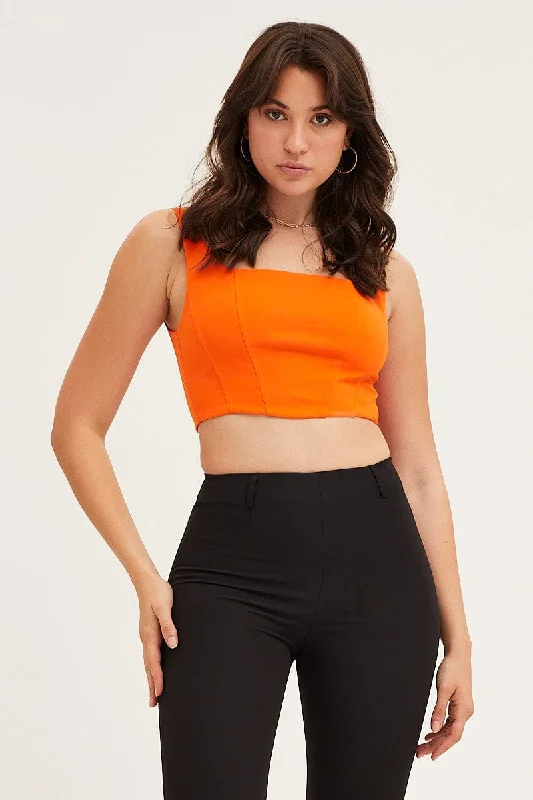 Orange Sleeveless Jersey Shirred Back Corset Top