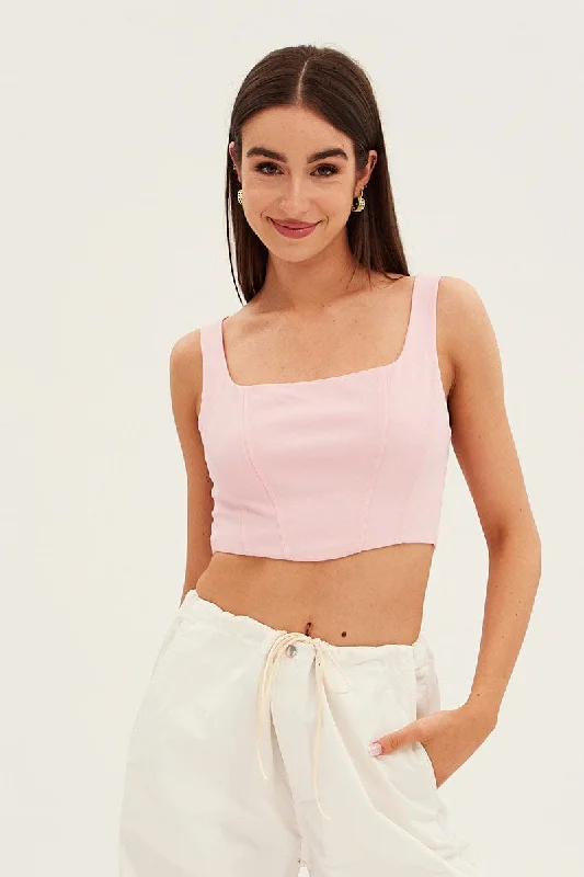 Pink Corset Top Shirred Back Sleeveless Crop Jersey