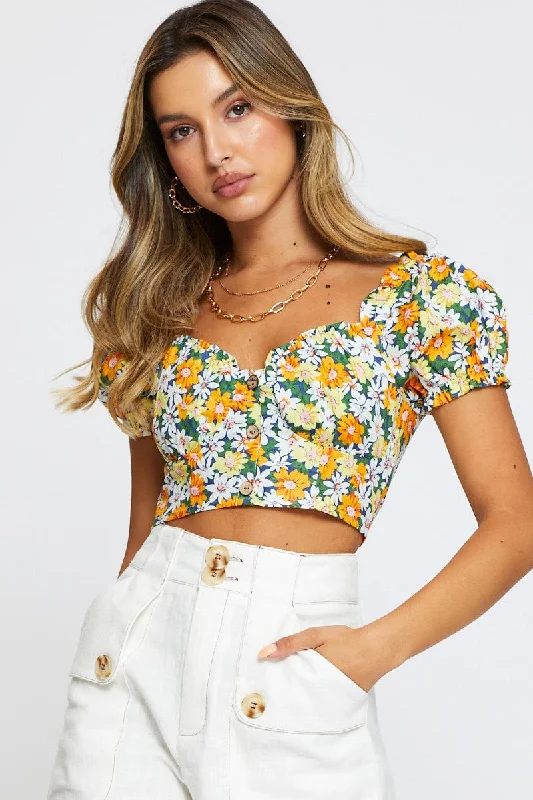 Print Crop Top Off Shoulder Short Sleeve