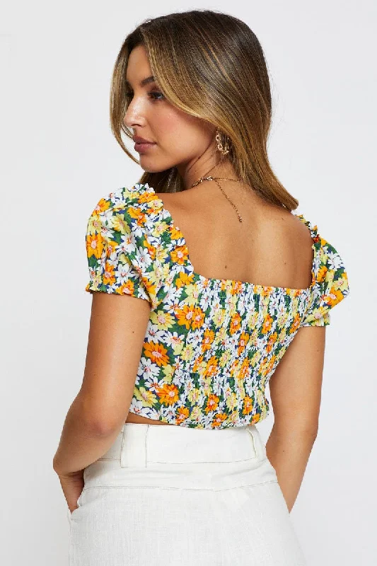 Print Crop Top Off Shoulder Short Sleeve