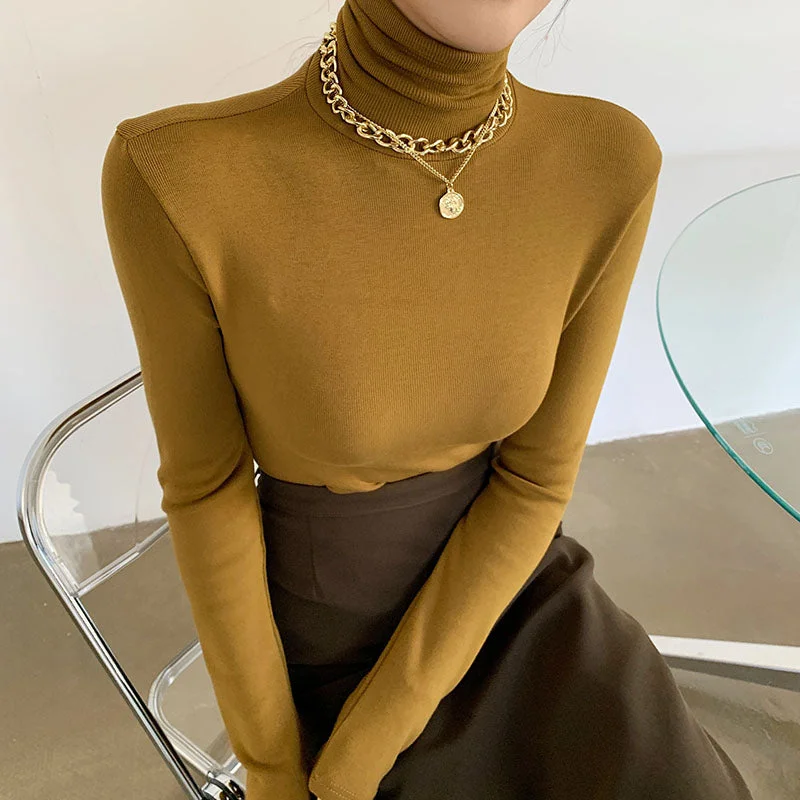 FashionSierra - Slim Velvet Turtleneck Minimalist Tops