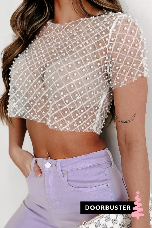 Doorbuster Staying Golden Sequin & Glitter Mesh Crop Top (White)