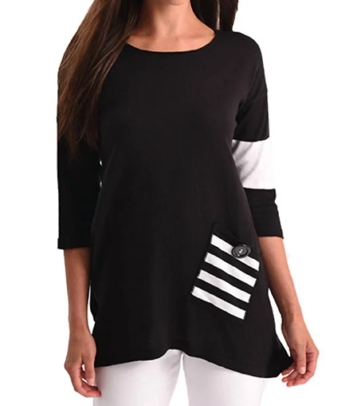 Stripe Pocket Flowy Tunic Top In Black/white