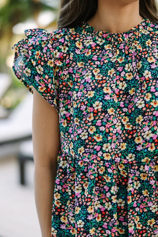 Take Me Away Navy Blue Ditsy Floral Blouse