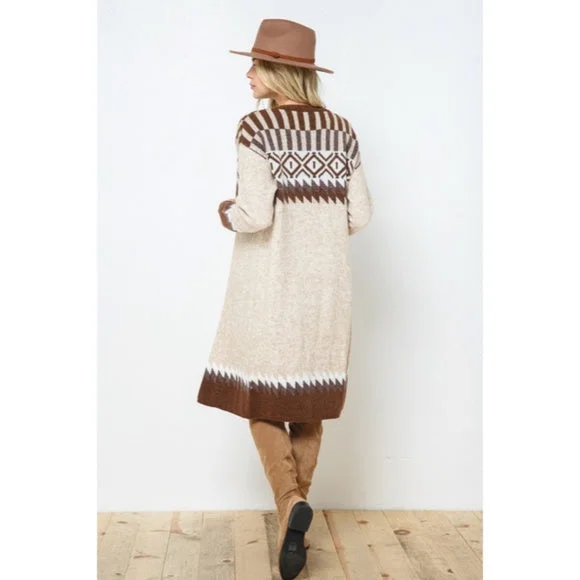 Taupe & Brown Aztec Tribal Western Boho Long Open Knit Cardigan Casual Sweater