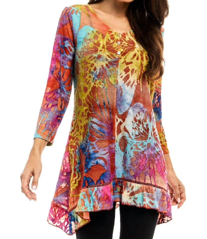 V Neck Tunic With Buttons In Bright Butterfly Print