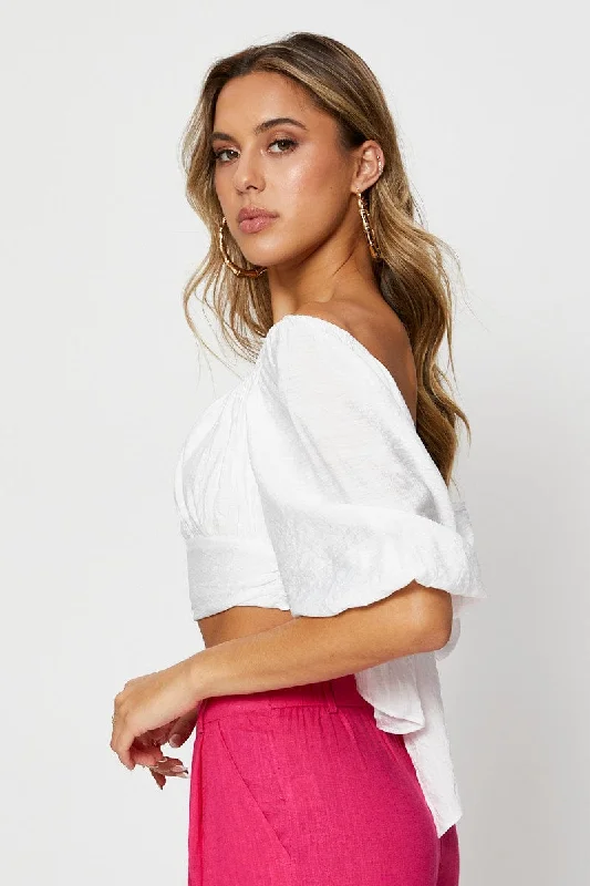 White Crop Top Short Sleeve Tie Up