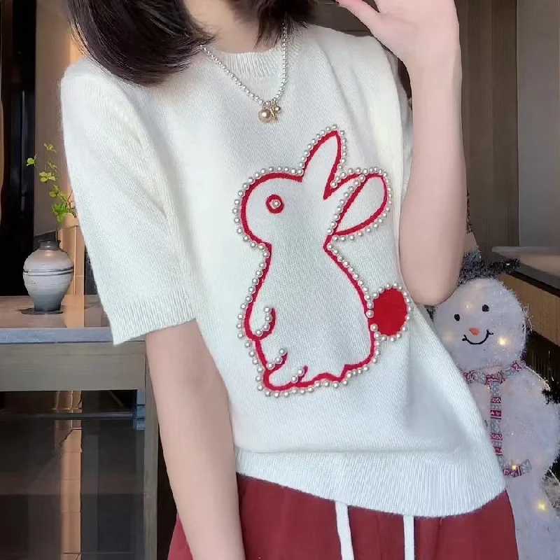 Women Cute Rabbit Shift Short Sleeve Casual Knitted Shirts & Tops