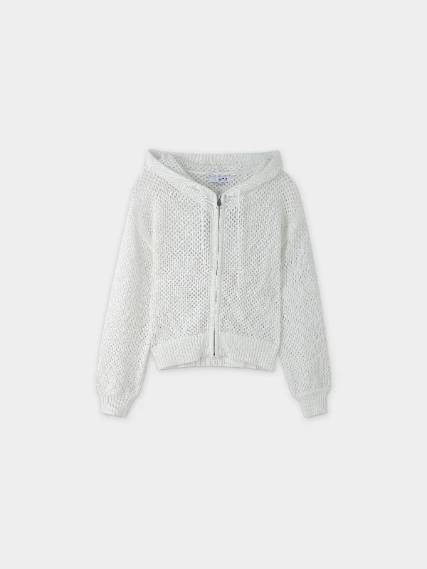 Zip Up Crochet Hoodie-White