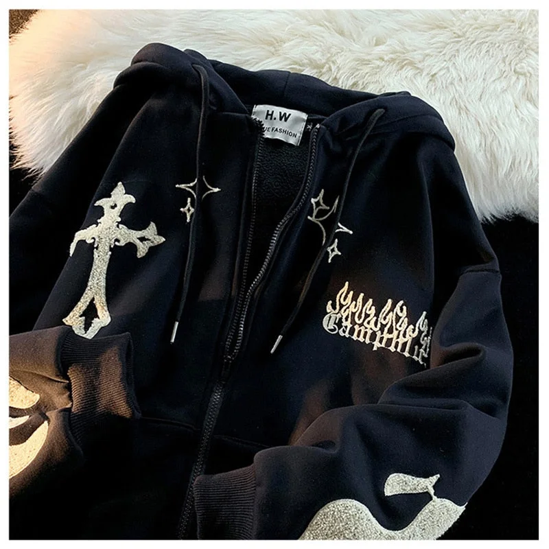 FashionSierra - Y2k Rhinestone Skeleton Goth Hoodie