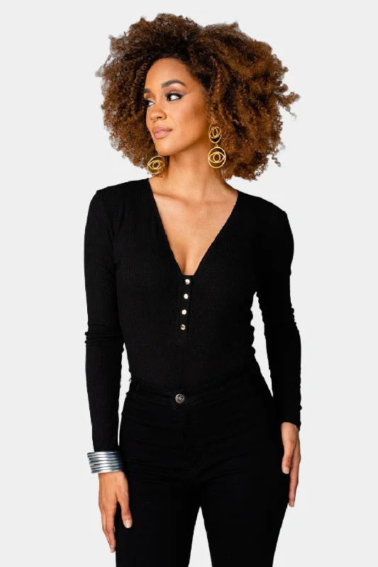 Alexa Button Front Ribbed Bodysuit - Black