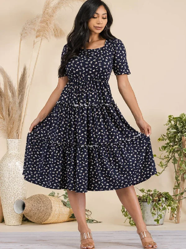 Arizona Plus Size Tiered Midi Dress in Navy Ditsy Print