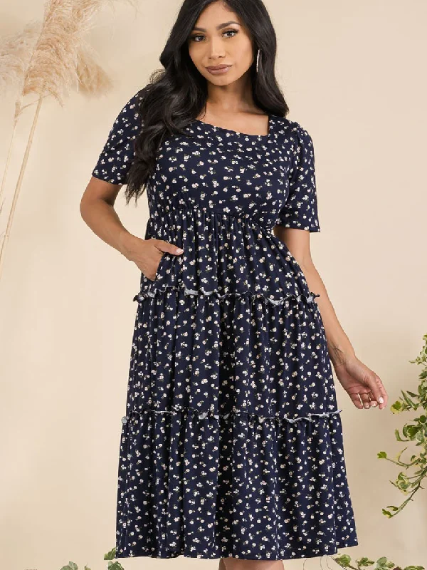 Arizona Plus Size Tiered Midi Dress in Navy Ditsy Print