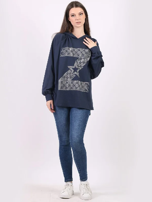 Asteera Italian Sparkling Diamante Z Star Detail Hi-Lo Cotton  Hoodie Navy